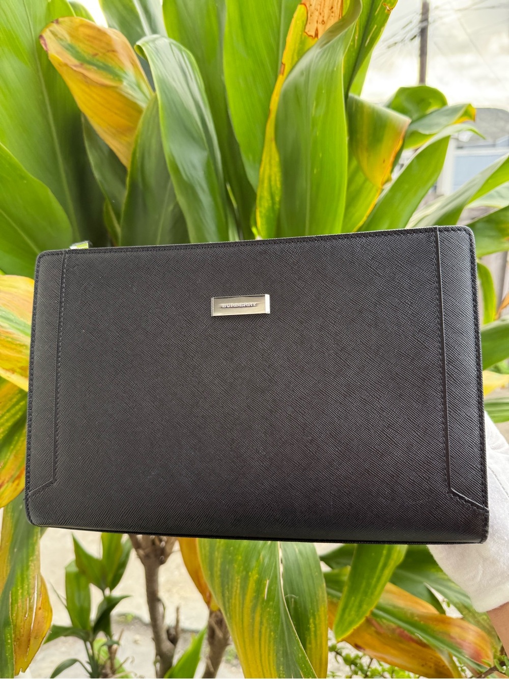 Burberry Black Saffiano Leather Structured Clutch Authentic